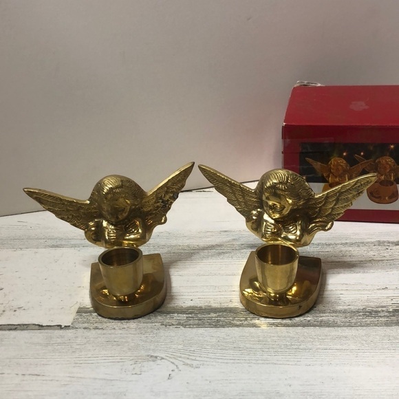 Set of 2 Solid Brass Angel Candlestick Holders Cherubs Cute Christmas Holiday - Picture 1 of 7